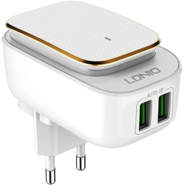 Сетевое зарядное устройство LDNIO 2205 2,4A 2USB PORTS (белый), сенсорный регулируемый ночник